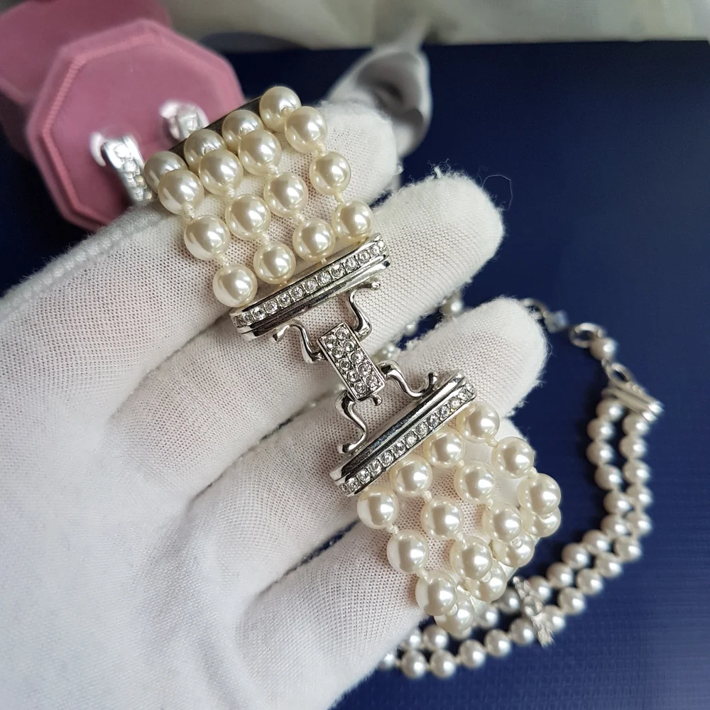 AUTHENTIC Swarovski Crystal Pearl Choker Necklace Tennis Bracelet Earrings SET - Picture 6 of 16